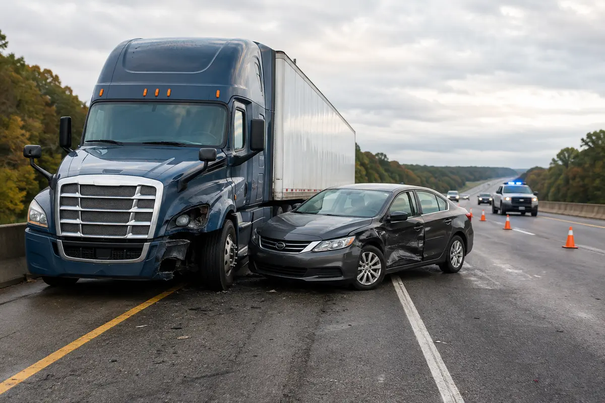 Commercial truck and passenger vehicle accident scene